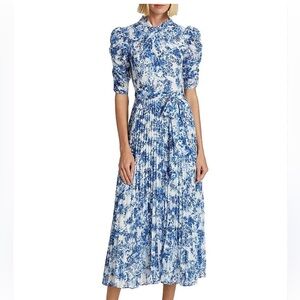 Monique Lhuillier Pleated Short-Sleeve Midi-Dress